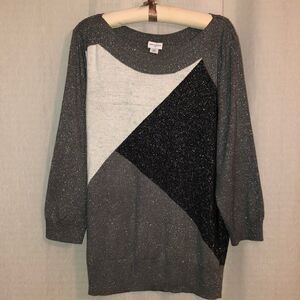 Jaclyn Smith XXL Metallic Lurex Gray White Black Color Block Boat Neck Sweater
